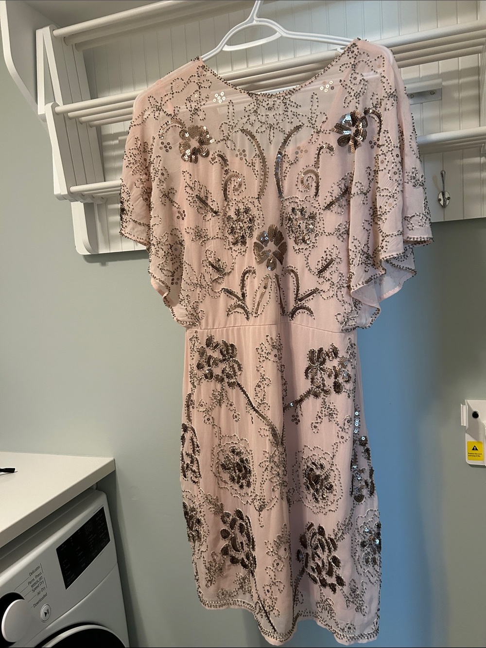Molly Bracken Blush Pink Sequin-Embellished Flutter Sleeve Midi Dress